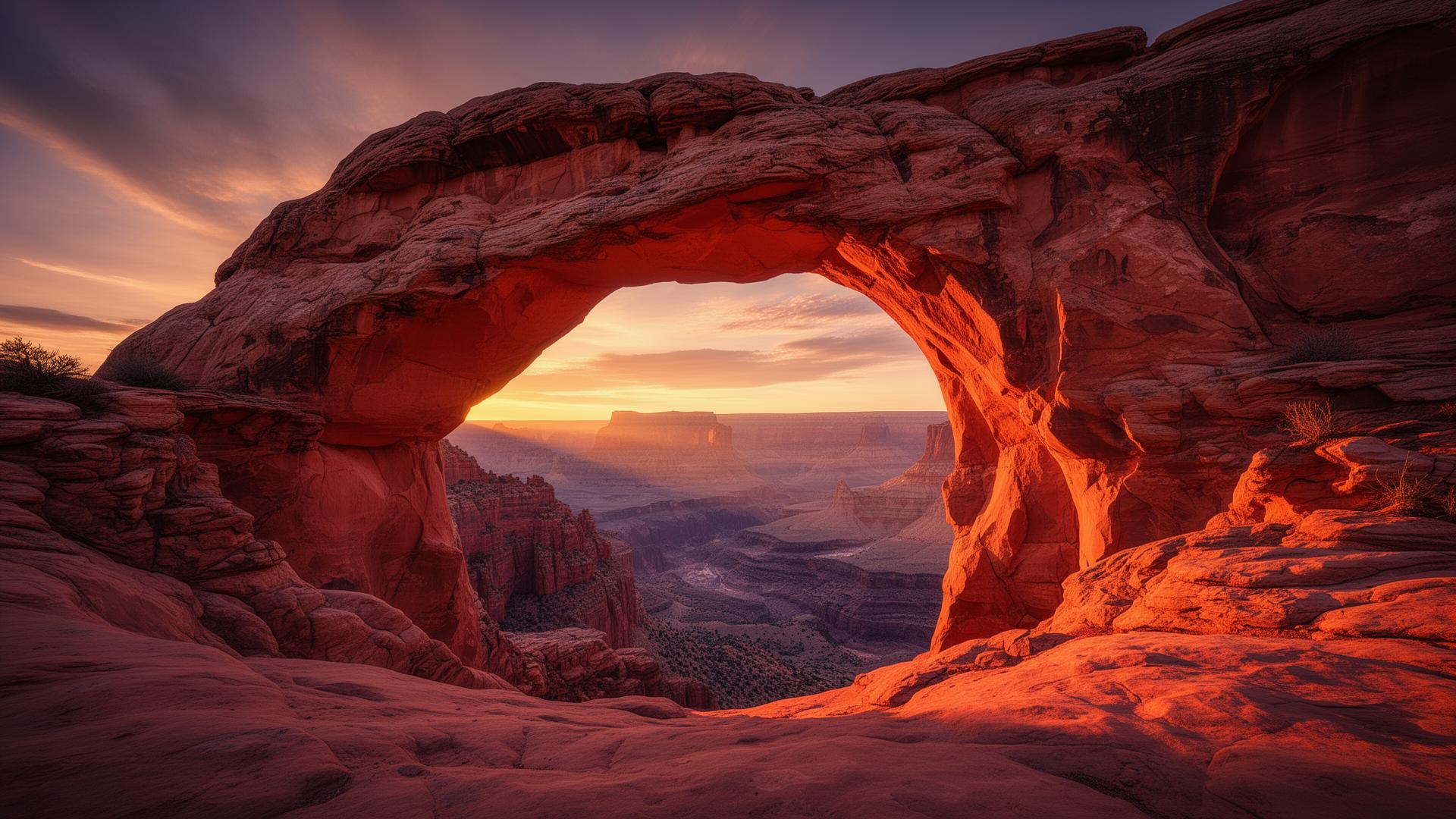 Sandstone arch in Utah glowing red at golden hour over a canyon