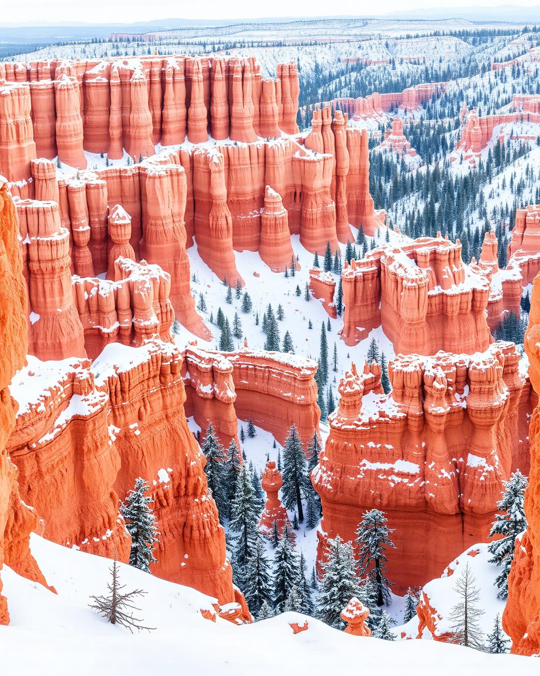 Snow-dusted red hoodoos of Bryce Canyon