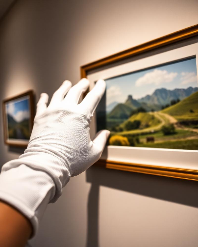 Gloved hand inspecting a framed landscape print in a gallery
